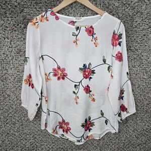 Anthropologie Kindred Top Womens Medium White Embroidered Floral Sheer Blouse